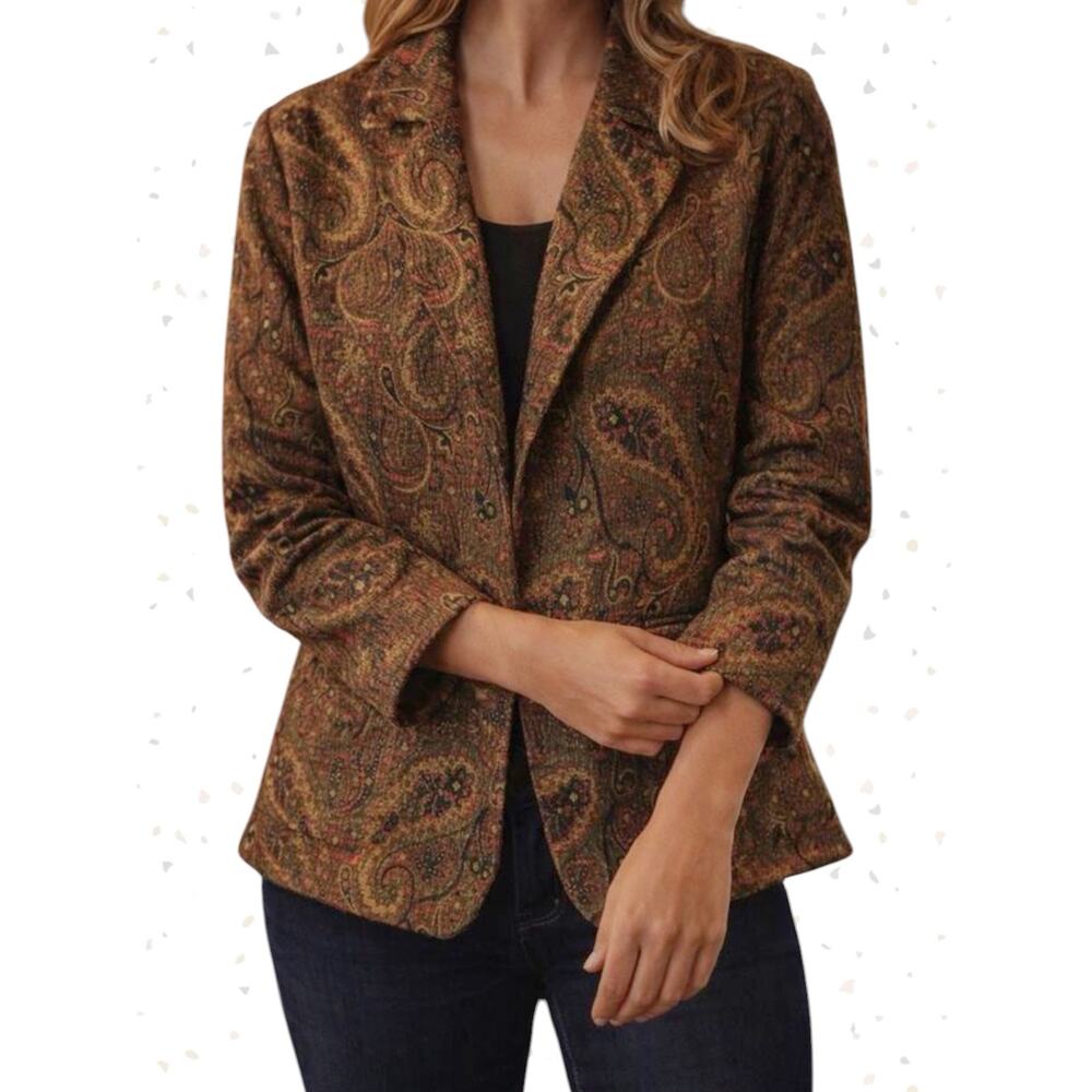 Vintage Paisley Brown Fall Earth Tone Wool Blend Boucle Open Front Jacket Size S